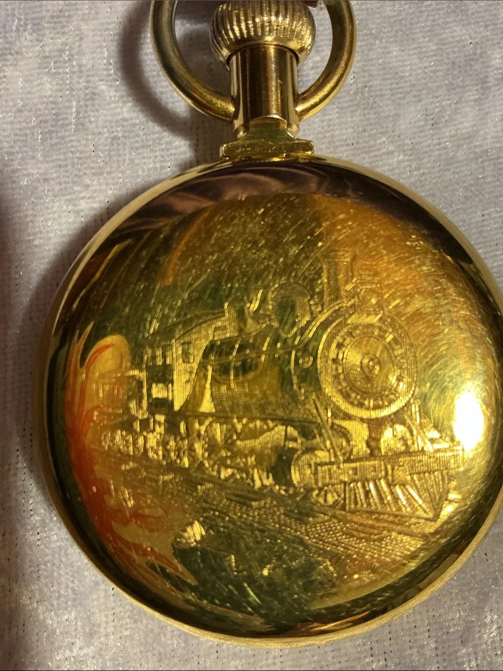 Goldtone Train Pocket Watch with Brown Leather Strap & Fob